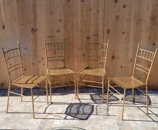 Hollywood Regency Italian Chiavari Style Gilt Metal Faux Bamboo 5 Piece Dinette Set - 6