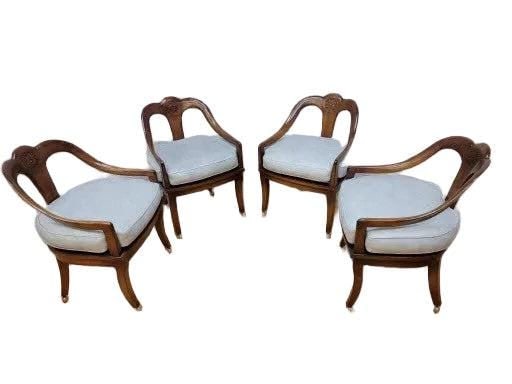 Vintage Regency Neoclassical Style Klismos Style Walnut Chairs - 4: Vintage Regency Neoclassical Style Klismos Style Walnut Chairs - Set of 4Elegant vintage armchair crafted in the Regency Neoclassical tradition, featuring a sculptural klismos-style curved back,