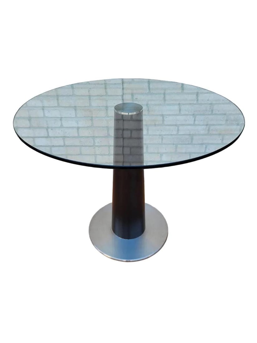 Vintage Modern Ra Fx Dining Table Gallotti and Radice Design: Vintage Modern Ra Fx Dining Table Designed by Pierangelo Gallotti for Gallotti and Radice DesignVintage Modern Ra Fx Black Closed Pore Wood Pedestal Base with Satin Stainless Steel and Round Glass