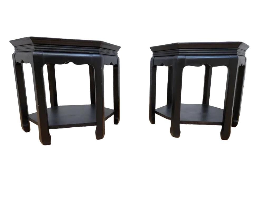 Hollywood Regency Chinoiserie Style Ebonized and Burl Side Tables - Pair - 3