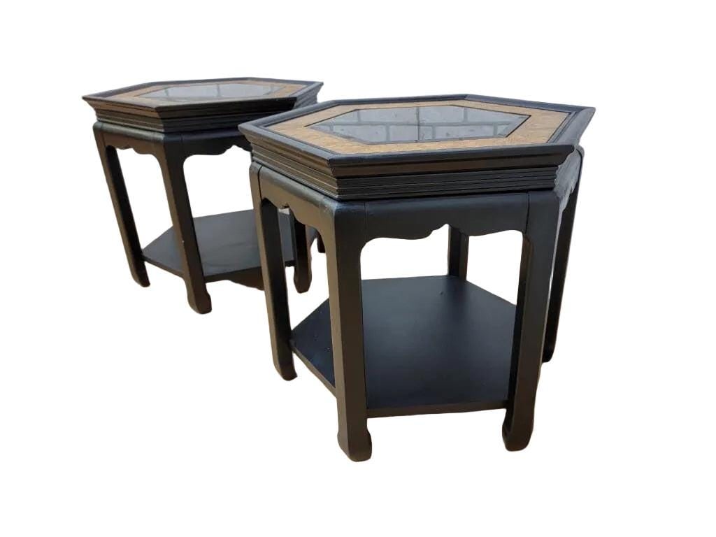 Hollywood Regency Chinoiserie Style Ebonized and Burl Side Tables - Pair - 5