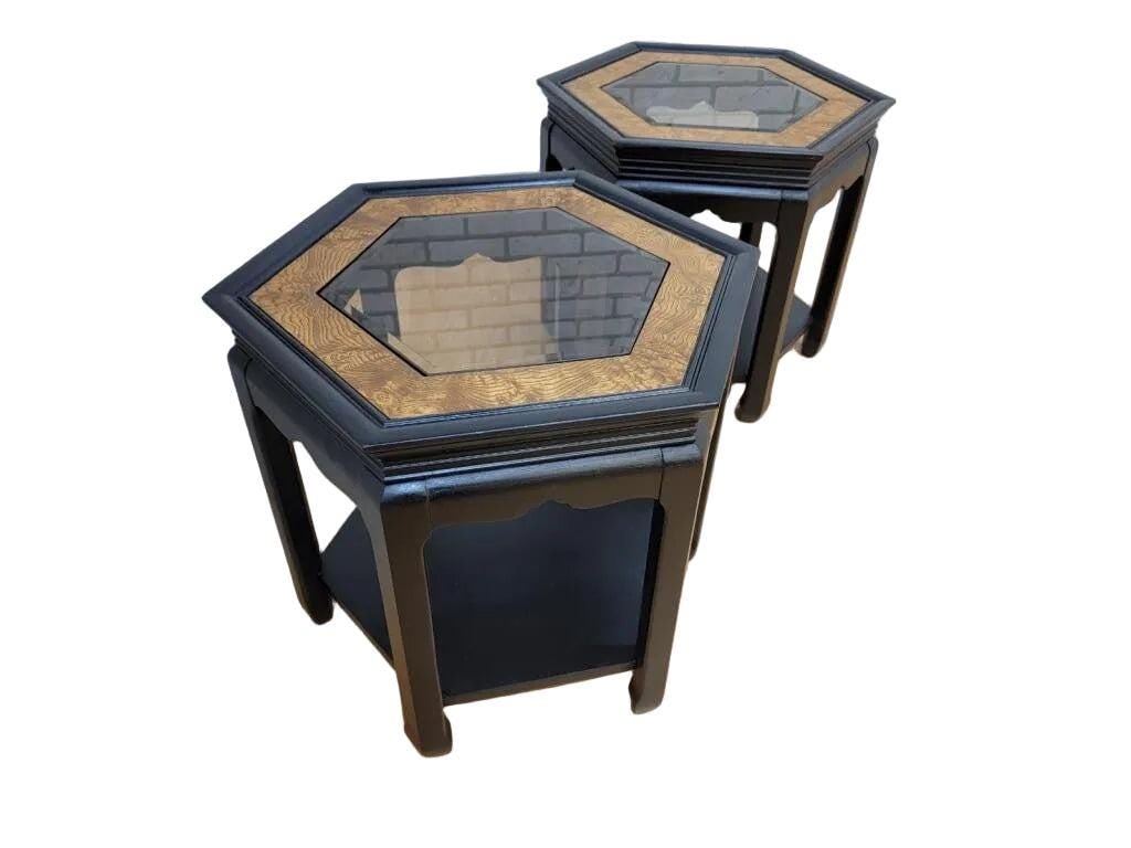 Hollywood Regency Chinoiserie Style Ebonized and Burl Side Tables - Pair - 6