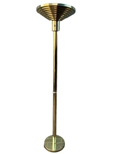 Art Deco Brass Torchiere Floor Lamp: Vintage Art Deco Brass Torchiere Floor Lamp with Brass ShadeThe waterfall top adds to the Art Deco feel.Circa Mid 20th Century DimensionsH 65”D 16”CONDITION: Please be aware that all