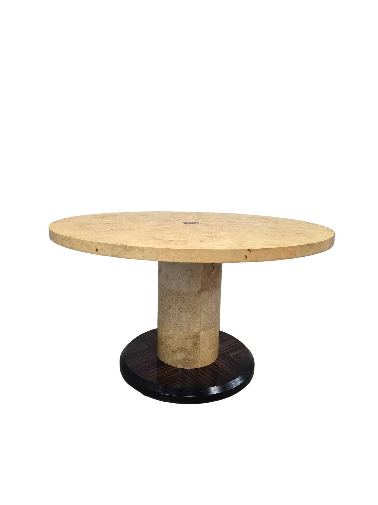 MCM Burl Pedestal Table with Macassar Ebony Base By Henredon: Mid Century Modern Burl Pedestal Table with Macassar Ebony Base In the Manner of Milo Baughman By HenredonMid-Century Modern round pedestal table featuring a richly figured burl veneer top and a cylin