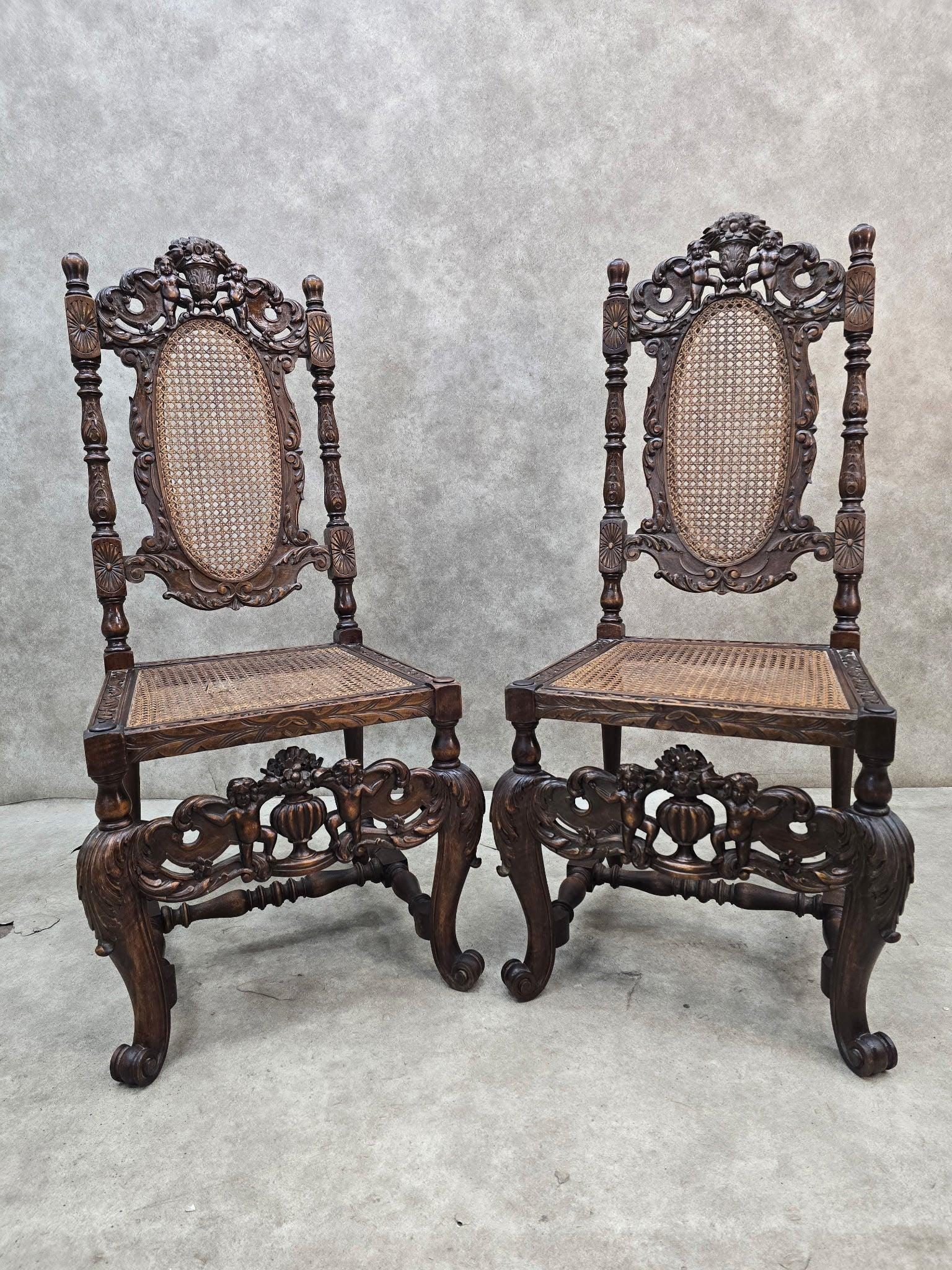 Antique Renaissance Revival Cane Throne Chairs - Pair - 7