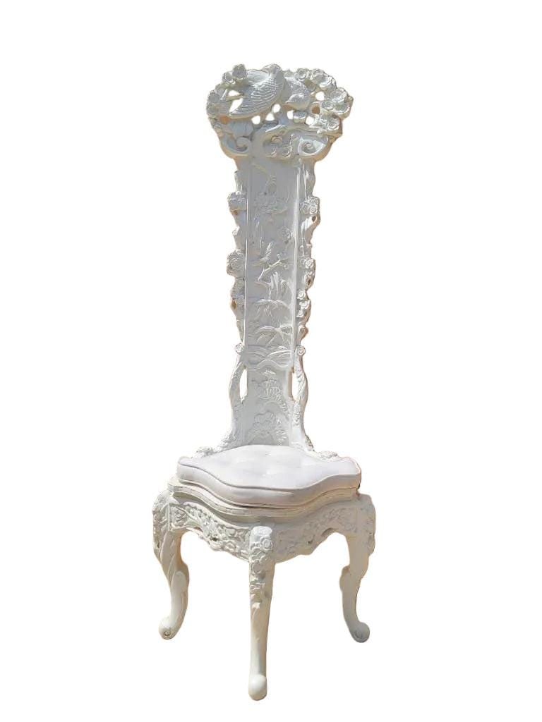 Antique Venetian Ornate High Back Corner Throne Chair: Antique Venetian Hand Carved Figural Bird & Floral Motif White Lacquered High Back Corner Throne ChairGorgeous and unique Venetian hand carved white lacquer finished, solid mahogany high back