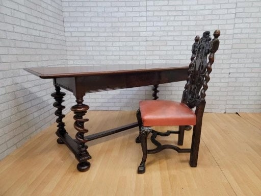 Antique Jacobean Revival Style Mahogany Carved Barley Twist Single Drawer Desk with Carved Barley (1 of 7)