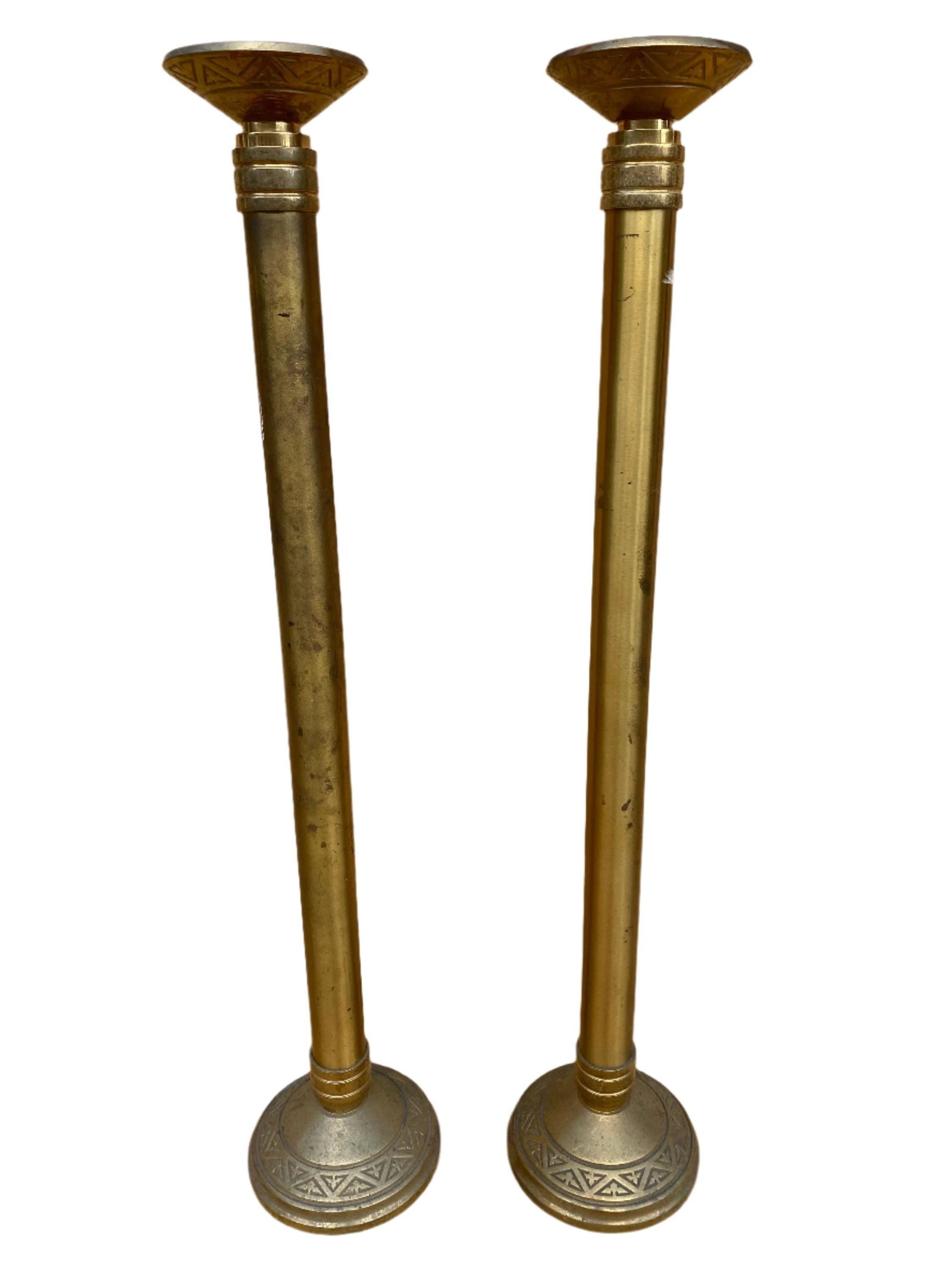Antique Church Altar Floor Candle Holders: Antique Church Altar Floor Candle HoldersThis pair of tall candleholders would be a sumptuous statement piece on your dining room table. The wax plates and bases of each stick have matching abstract