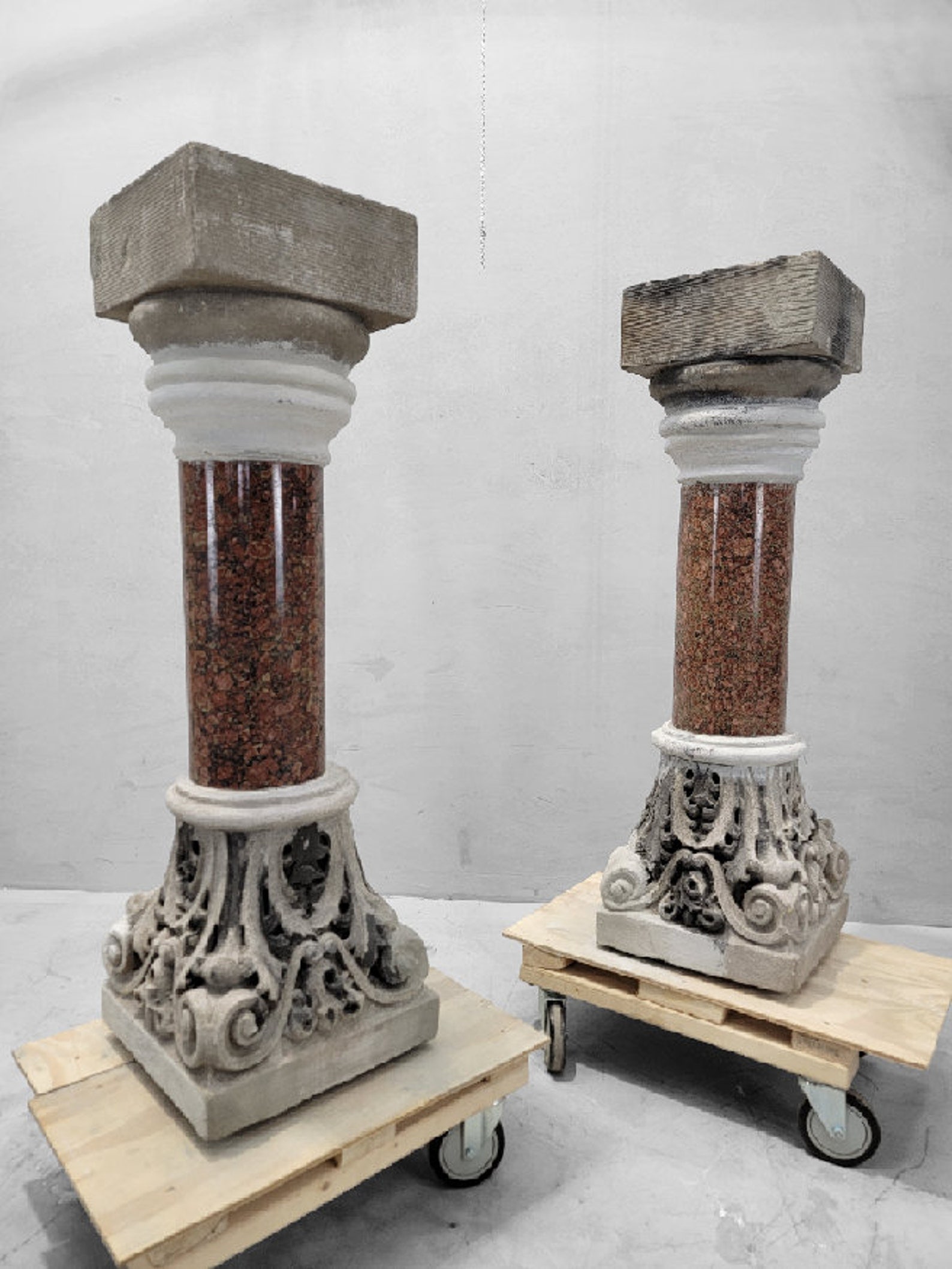 Antique Italian Marble and Stone Pedestals from Roman Church Altar - Pair: Antique Italian Marble and Sculpted Stone Pedestals from Roman Church Altar - PairThese exquisite deep red marble columns were imported from Italy and salvaged from an old Catholic church. Use them