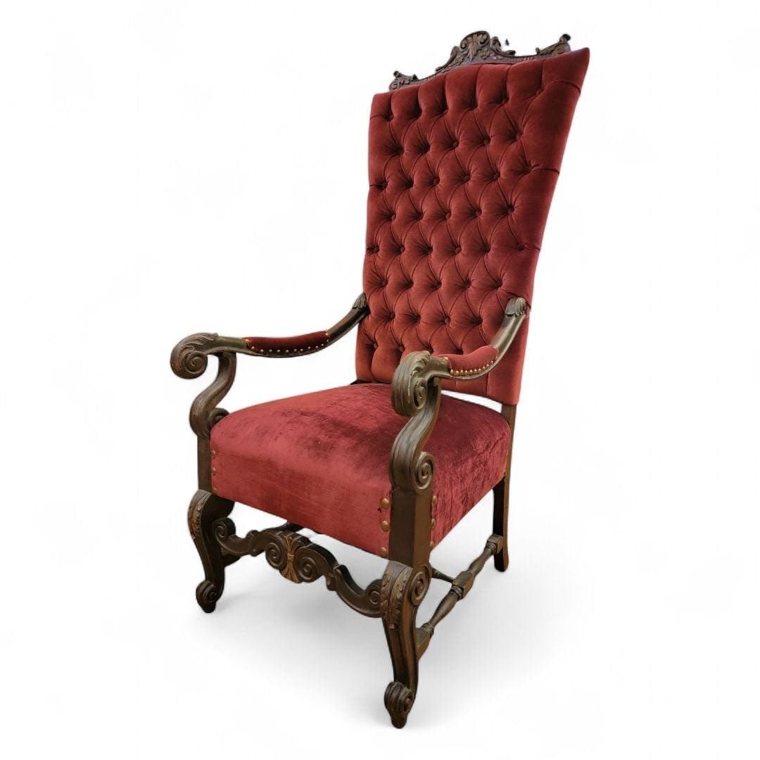 Antique Victorian Oversized Tufted Throne Chair Newly Reupholstered: Antique Victorian Carved Ornate Oversized Tufted Back Throne Chair Newly Reupholstered in a Burgundy Velvet with NailheadsElevate your living space with this exquisite antique Victorian oversized