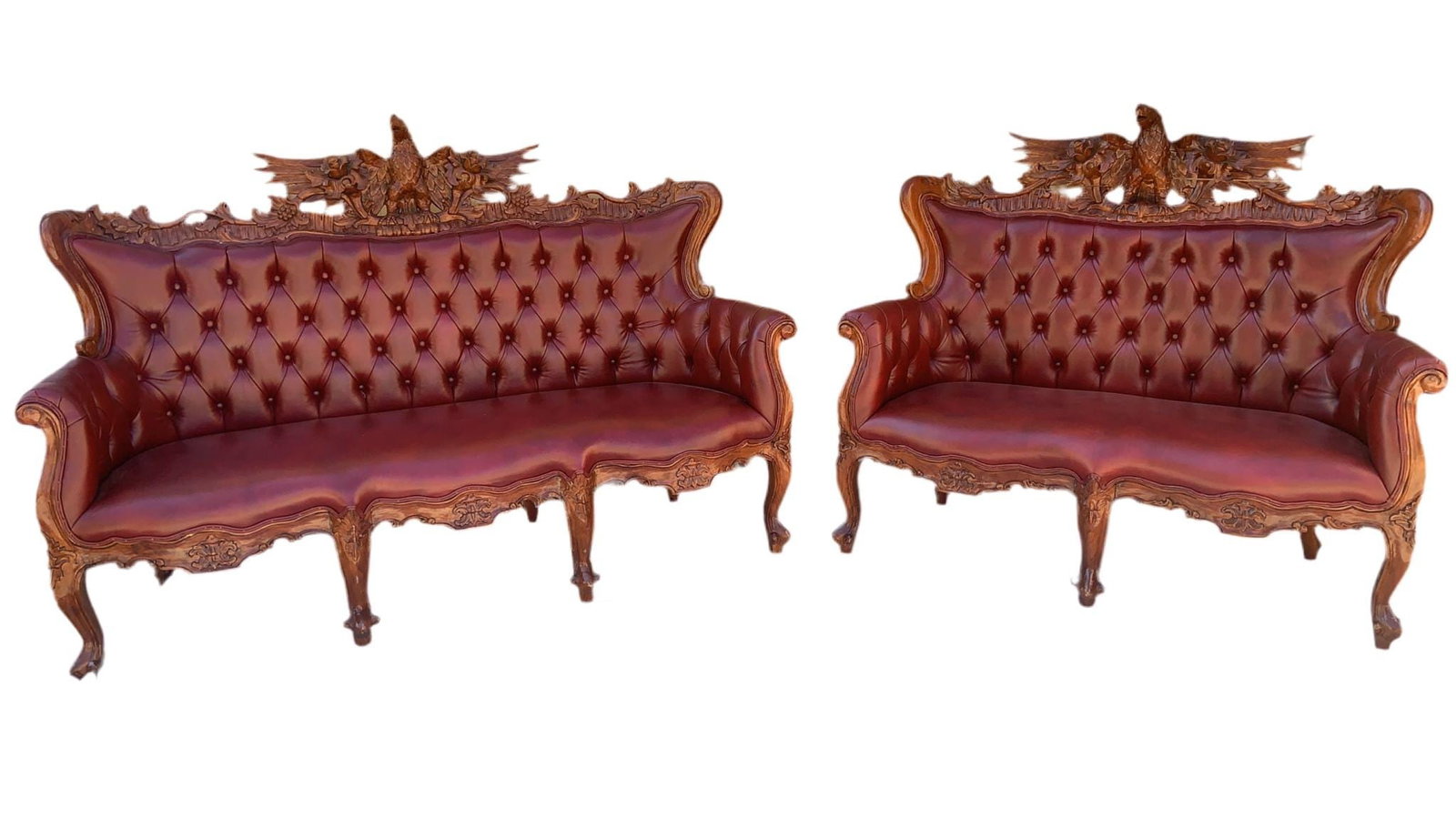 Antique Federal Style Carved Sofas Newly Reupholstered - Set of 2: Antique Federal Style Carved Ornate Tufted Back Soffs Newly Reupholstered in Red Leather - Set of 2 Absolutely exquisite antique, intricately detailed carved American Eagle topped tufted leather
