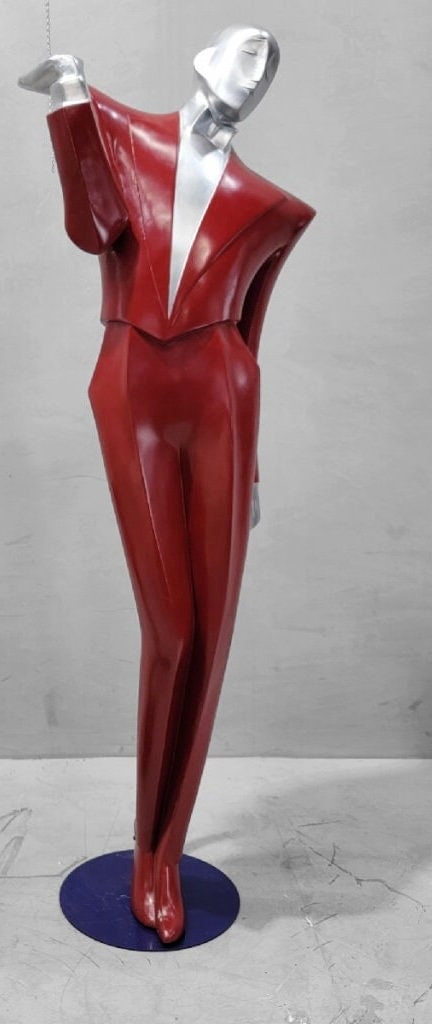 Vintage English Art Deco Revival Chrome & Resin LeGarcon Mannequin by Lindsey Balkweill: Materials: Medium: Fiberglass, Metal, PlasticVintage Rare English Art Deco Revival Chrome & Resin LeGarcon Mannequin by Lindsey BalkweillThis rare English Art Deco Revival Silver and Red Mannequin