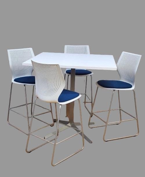 MCM Knoll MultiGeneration Dinette Set: Mid Century Modern Knoll MultiGeneration Off White Shell, Silver Frame Finish Bar Stools with Blue Marine Seat Pads and White Square Dinette Table - 5 Piece SetFlexible design built using insights