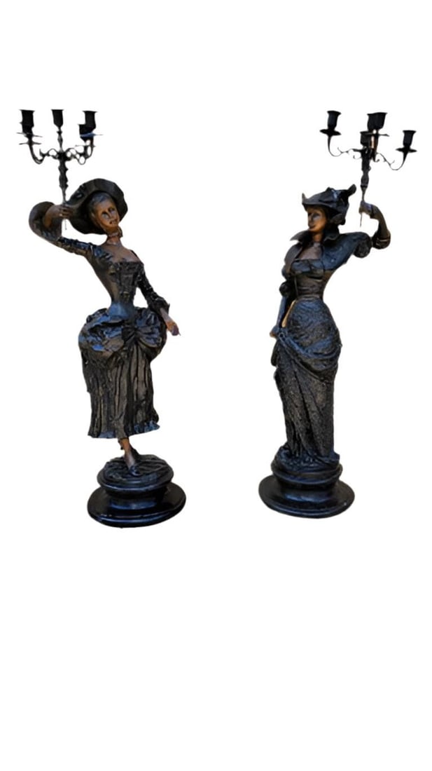 Antique Neoclassical French Spelter Candelabra Statues - Set of 2: Antique Neoclassical French Spelter Bronze Candelabra Statues - Set of 2Stunning set of 2 Neoclassical French spelter, large candelabra statues, featuring finely detailed ruffles, ribbons, frills and