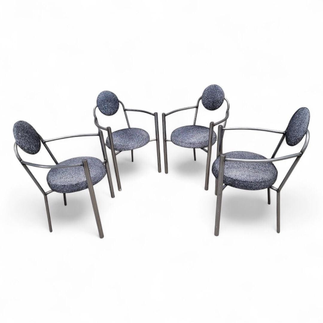 Vintage Modern Moon Chairs Newly Upholstered - Set of 4: Vintage Modern Moon Chairs Newly Reupholstered in Holly Hunt Black Embossed Printed Pearled Velvet - Set of 4These chairs feature a distinctive round back and seat, exuding a timeless elegance that