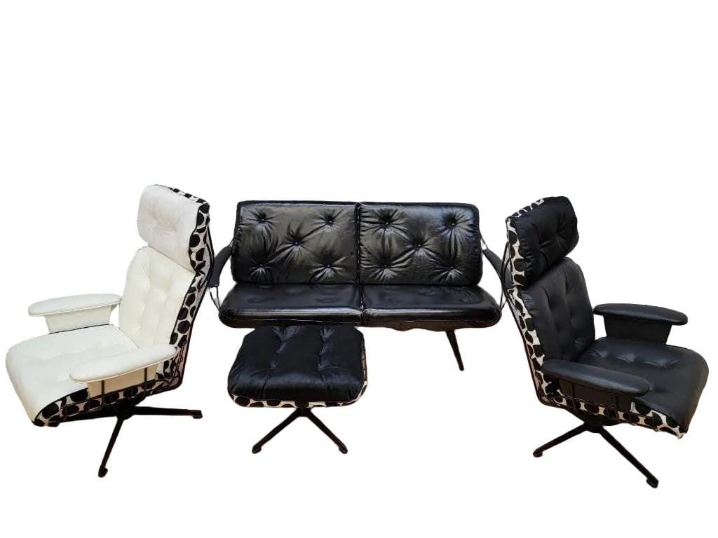 MCM Loveseat, 2 Lounge Chairs and Ottoman Newly Reupholstered by Homecrest: Mid Century Modern Homecrest Indoor/Outdoor Black Wire 2 Swivel Lounges, Loveseat and Ottoman by Newly Reupholstered - 4 Piece SetFabulous Mid-Century Modern 4pc Indoor/Door Homecrest Wire Swivel