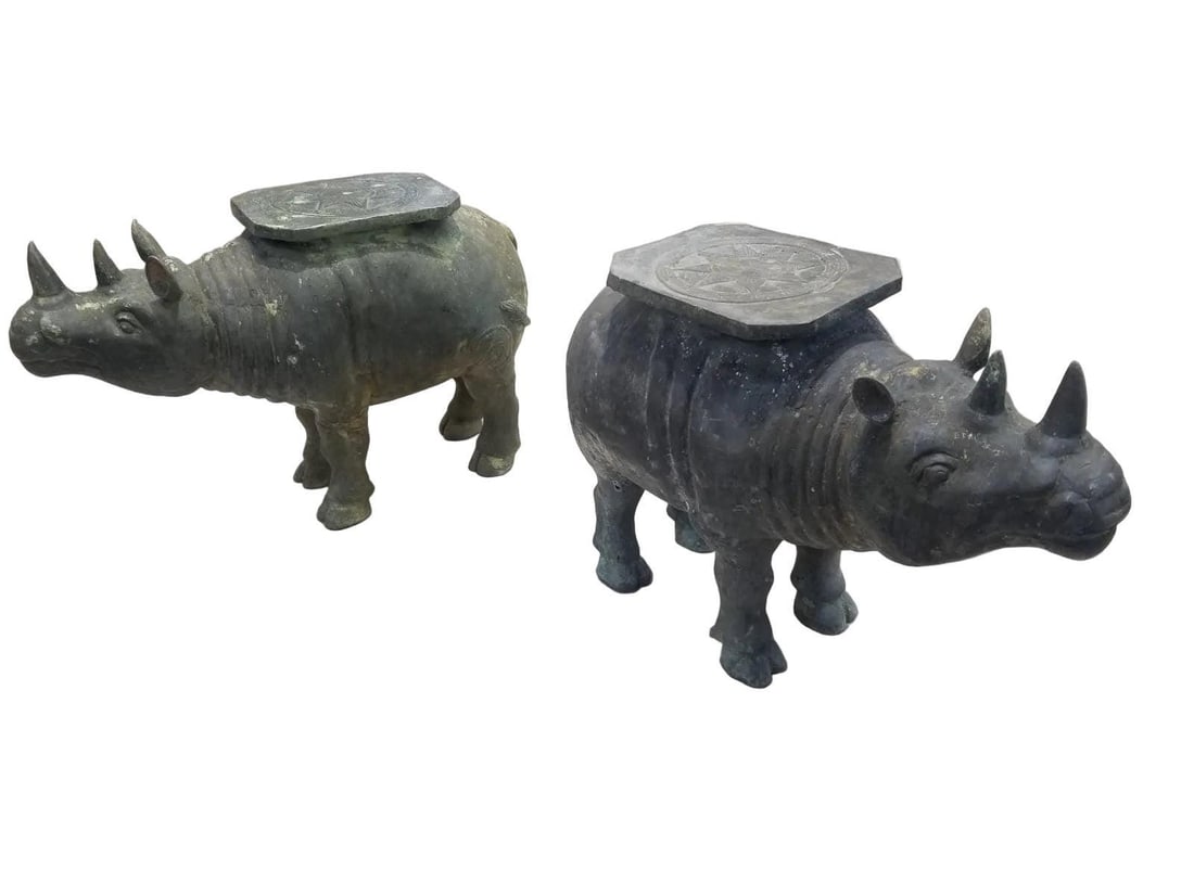 Antique Balinese Hammered Bronze Saddled Rhino Table - Set of 2 - 2