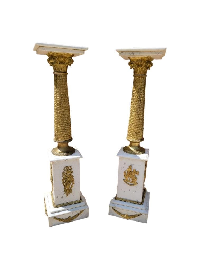 Antique French Empire Ormolu White Carrara Marble Pedestals - Pair: Antique French Empire Heavy Gold-Gilded Brass Corinthian Columned and Figural Ormolu Mounted White Carrara Marble Pedestals - PairStunning Antique French Empire style pair of heavy white Carrera