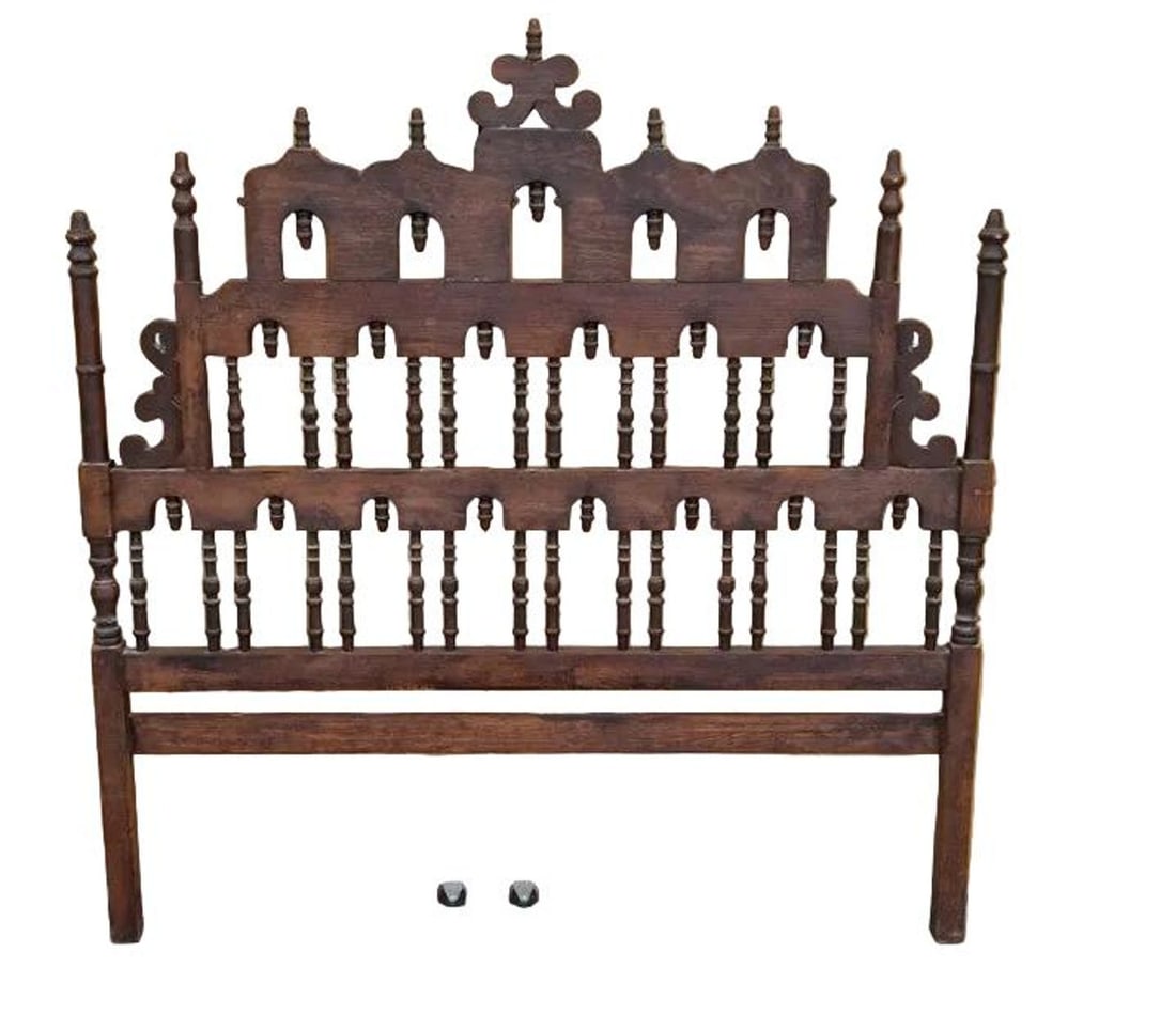 Vintage Pagoda Spanish Revival Spindle Carved Full Headboard: Vintage Pagoda Headboard Spanish Revival Spindle Hand Carved in the Size FullCirca 20th Century DimensionsW 56"D 2"H 59"CONDITION: Please be aware that all items are used/vintage/antique and have