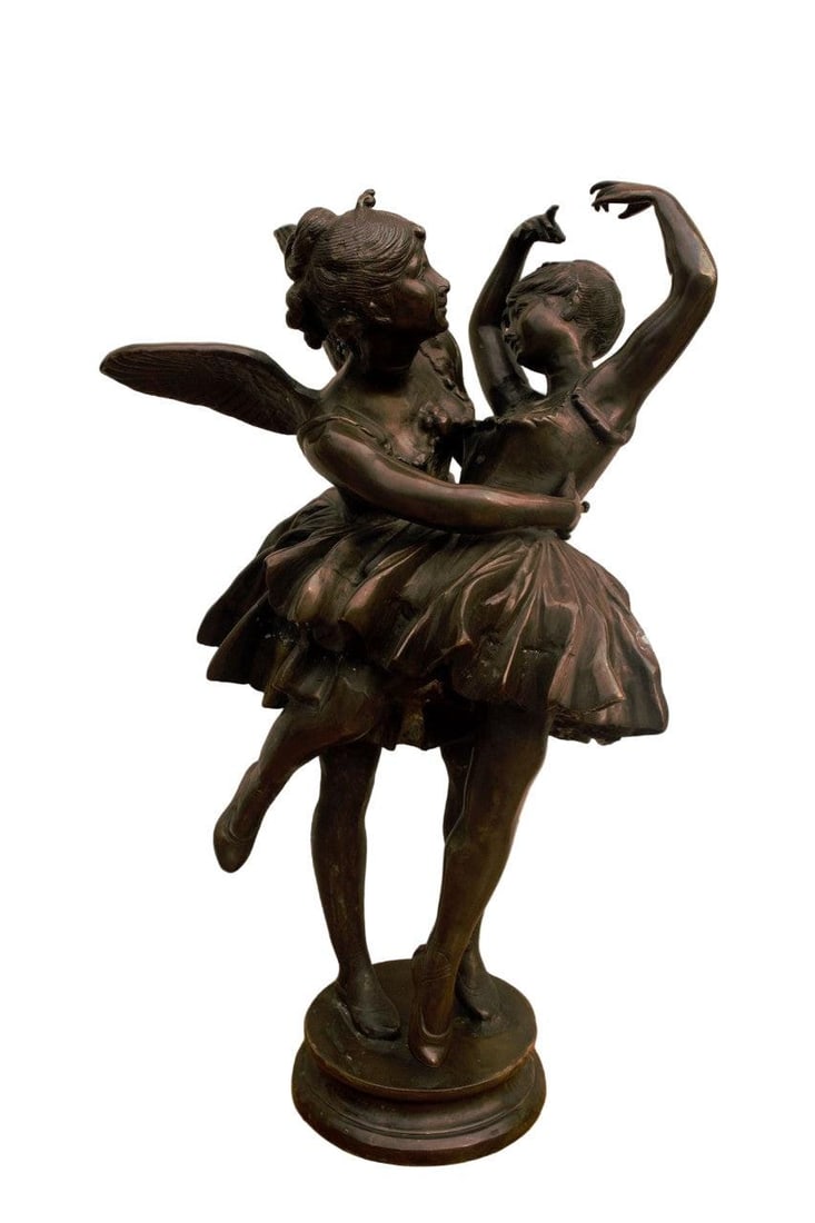 Vintage Bronze Winged Fairy Ballerina Statue: .Sculpted and Detailed Bronze Winged Fairy Ballerina StatueA vintage pair of ballerinas balance delicately in this bronze statue.Circa Mid 20th CenturyDimensions:H 27”W 16"Good Vintage