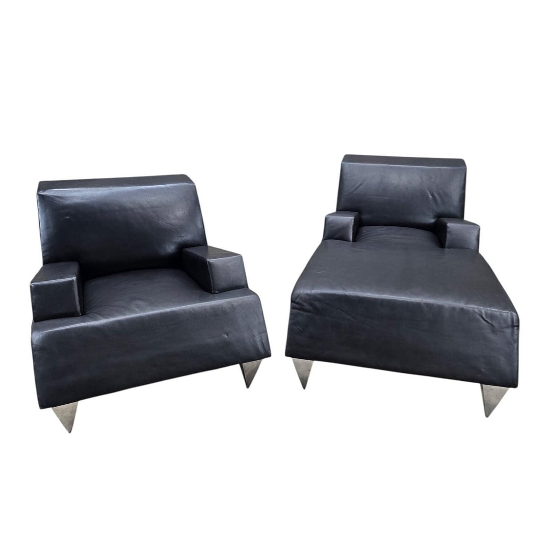 Vintage Modern Black Leather Lounge Chair and Chaise, 2-Piece Set by Catherine Chanicci: Vintage Modern Black Leather Lounge Chair and Chaise, 2-Piece Set by Catherine Chanicci for Reupholstery A striking vintage modern lounge chair and chaise set by Catherine Chanicci, upholstered in