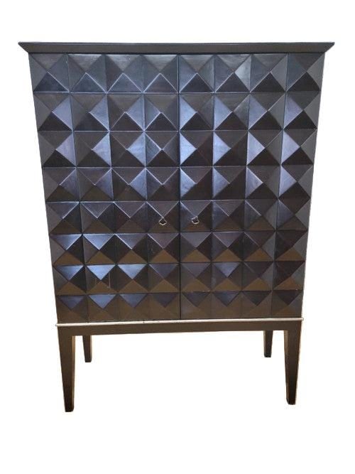 MCM Walnut Cabinet with Geo Diamond Texture: Mid Century Modern Handmade Walnut Cabinet with Geo Diamond TextureThis cabinet has a 3D triangular pyramid patterned face. Open this piece with ringed handles. While no shelves come with the
