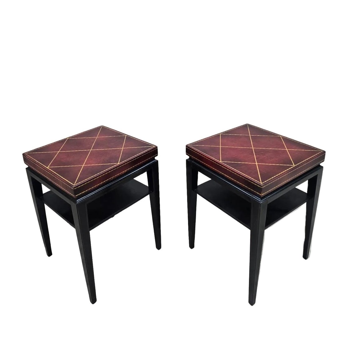 Hollywood Regency Tommi Parzinger Occasional Side Tables - Pair: Hollywood Regency Model 3303 Ebonized Mahogany Frame Occasional Side Table with Deep Burgundy Leather Tops by Tommi Parzinger for Charak - PairHollywood Regency design distinguished by a two-inch-tall