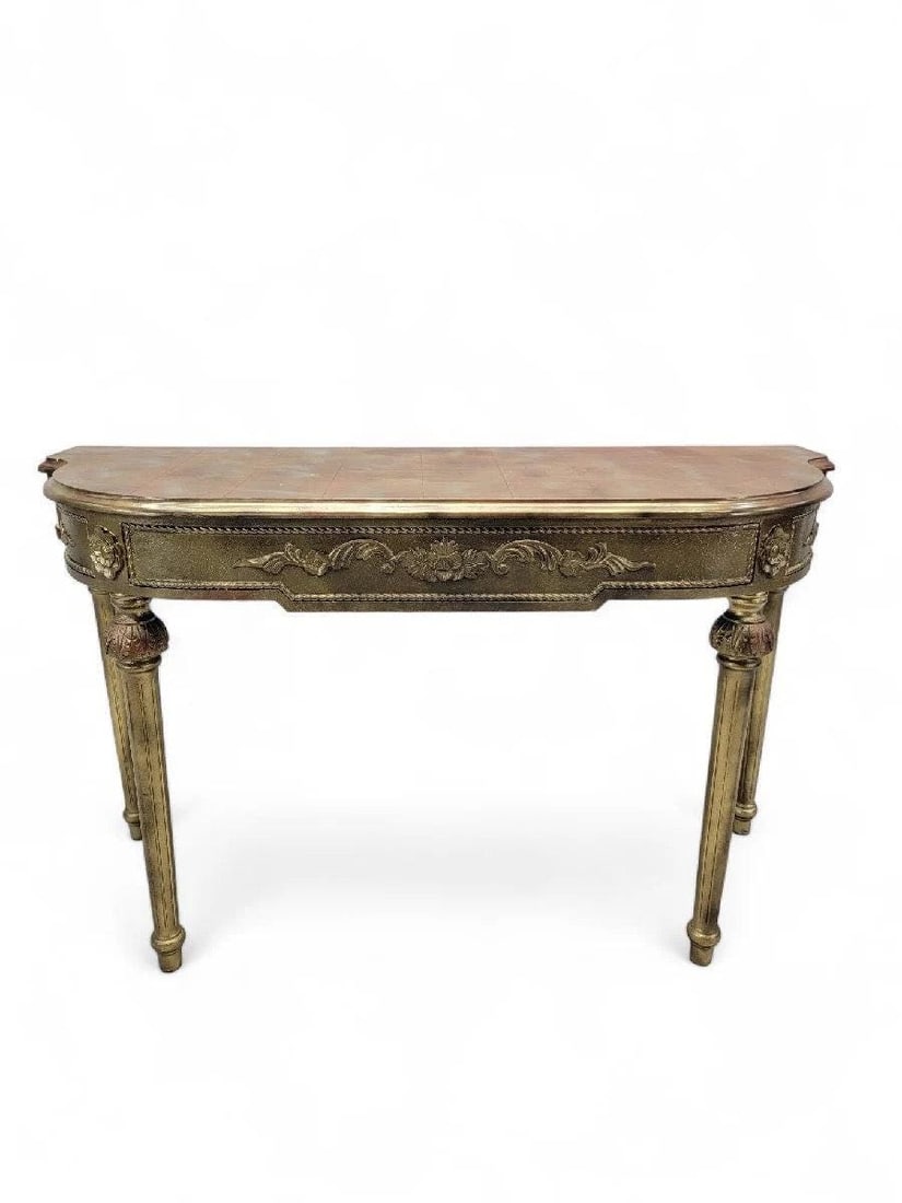 Vintage French Louis XVI Style Demilune Console Table: Vintage French Louis XVI Style Gold Gilt Demilune Console TableThis vintage gold gilt console table with a rustic patinated finish would look spectacular in your entryway or living room. The table