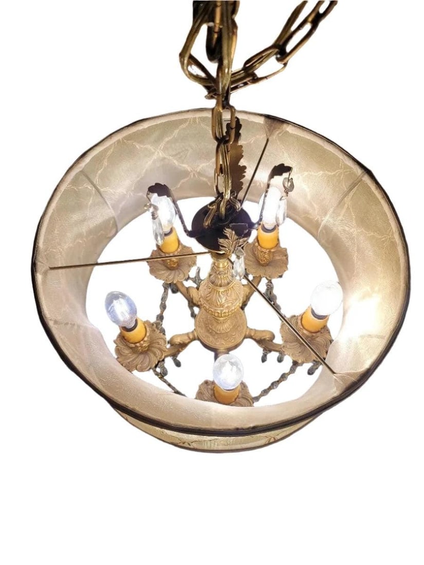 Antique Brass Gold Embroidered Silk Shade Crystal Chandelier - 2