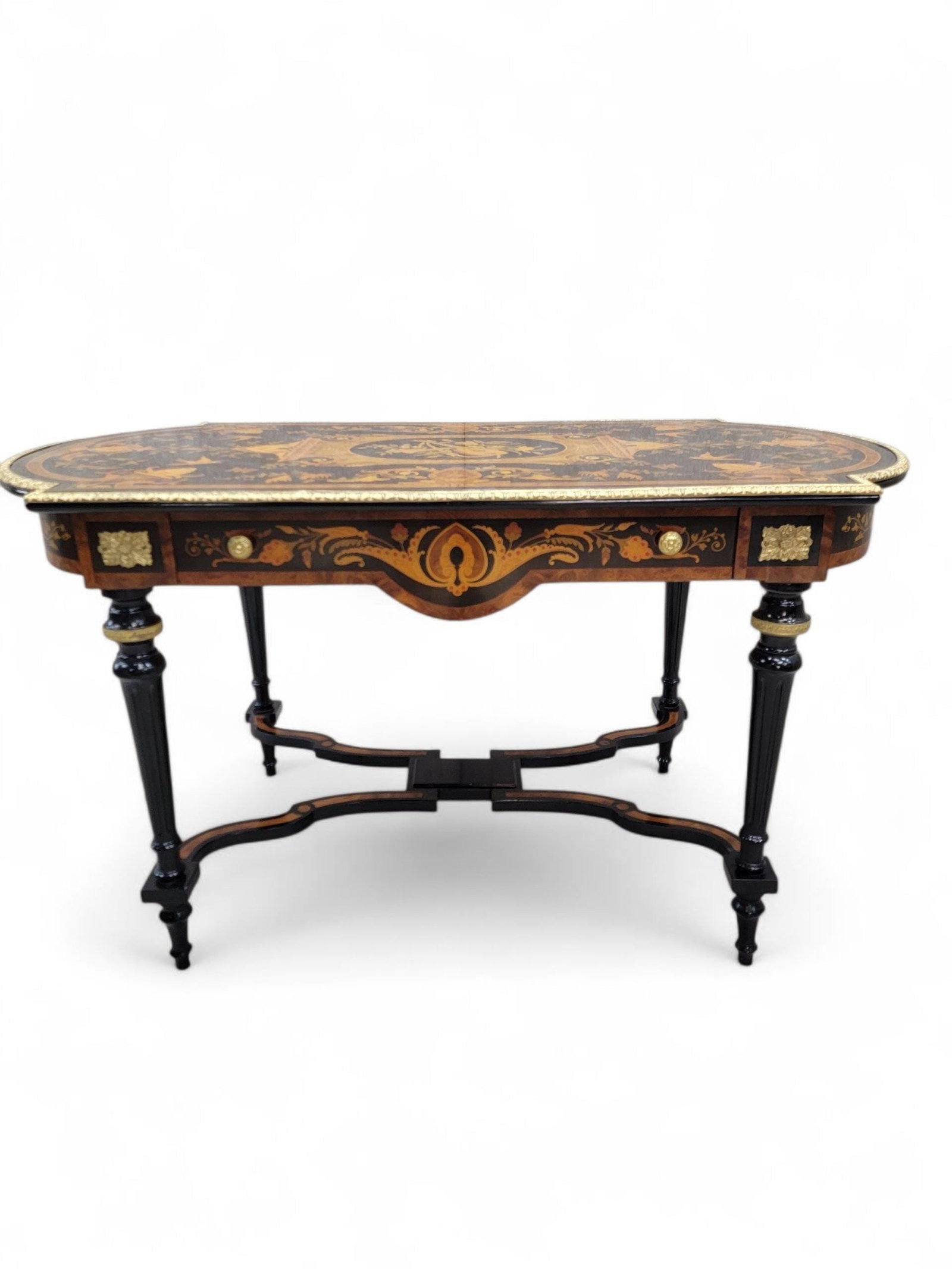 Antique Boulle Style Inlaid Brass Ormolu Mount Ebonized Writing Table Desk (1 of 7)