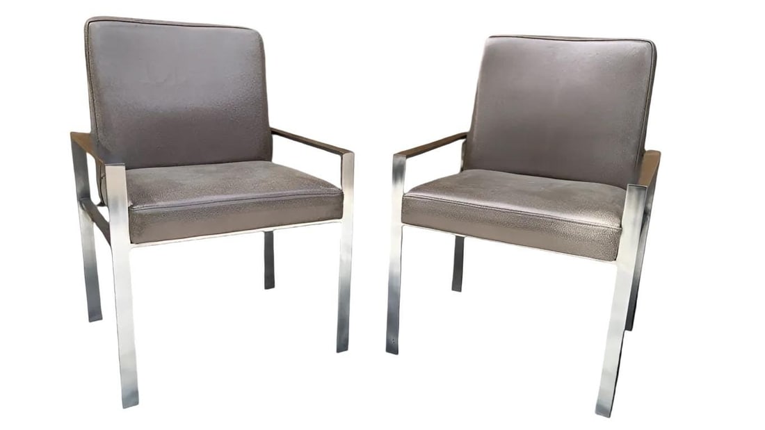 MCM Harvey Probber Style Chairs Newly Reupholstered- Pair: Read the full descriptionMaterials: MCM chair, armchair, chrome flat bar, cushion, designer, gray grey, leather, living room, lounge, metal aluminum, upholstered Mid Century Modern Harvey Probber