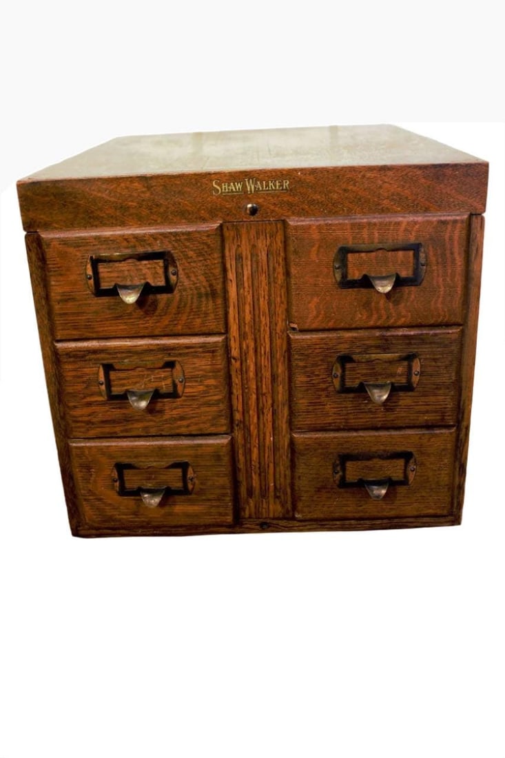 Antique Shaw Walker Library Bureau Filing Cabinet: Antique Shaw Walker 6 Drawer Oak Library Bureau File Card Catalog Index Filing CabinetCirca Mid 20th CenturyDimensions H 14.5"W 16"D 19" CONDITION: Please be aware that all items are