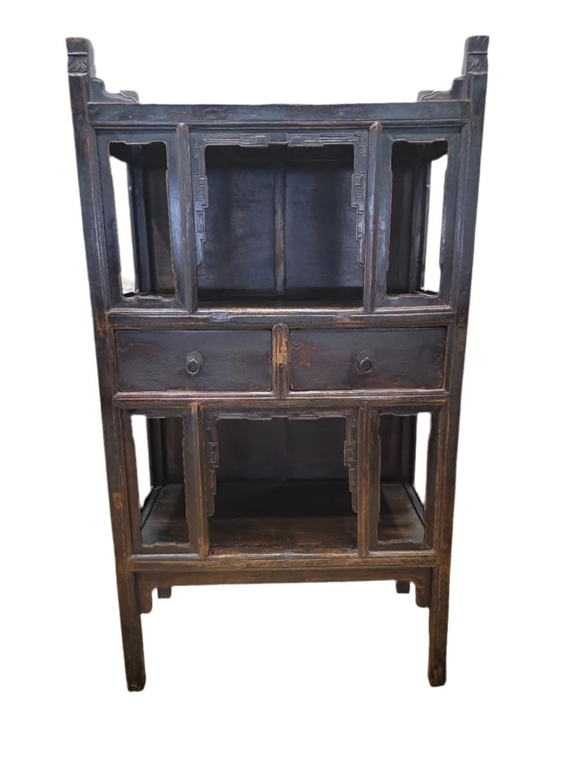 Antique Shanxi Province Lacquered Elm Open Cabinet: Antique Shanxi Province Lacquered Elmwood CabinetThis cabinet has 2 shelves and 2 two drawers. Circa: Early 20th CenturyDimensions:W: 42"D: 21"H: 76.5"CONDITION: Please be aware that all items are use