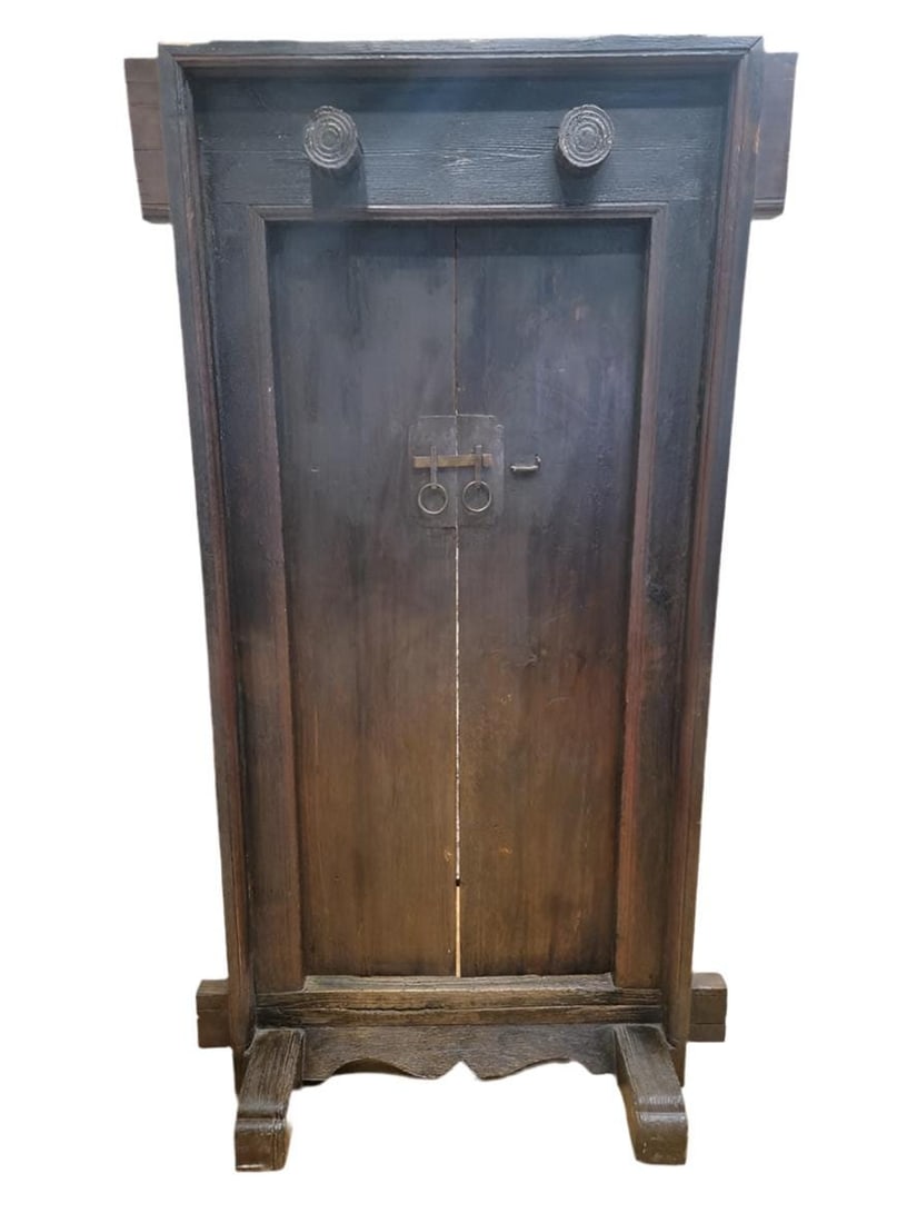Antique Shanxi Province Carved Elm Door: Antique Shanxi Province Hand Carved Elmwood Oriental DoorFastened with a wooden piece held by metal bands, this antique door opens outward on original wooden hinges. It can also be locked from the