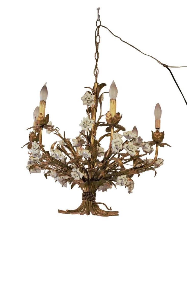 Hollywood Regency Italian White Porcelain Roses Chandelier: Read the full descriptionMaterials: American, dining room, entry, entryway, floral, flowers, hanging, leaves, living room, natural, vines, white rosesVintage Hollywood Regency Six Faux Arm Candle
