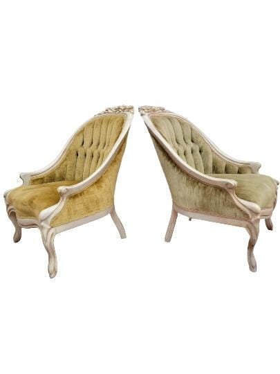 Antique Hollywood Regency Carved French Tufted Back Chairs - Pair - 2