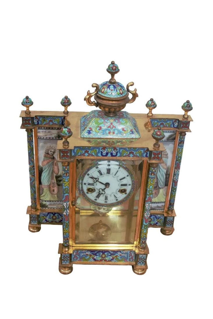 Vintage Chinese Cloisonné Enamel Wind Up 7 Day Chiming Clock - 2