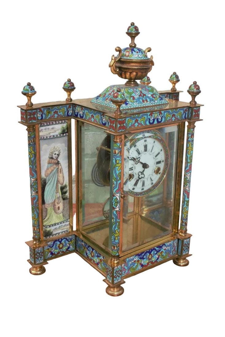 Vintage Chinese Cloisonné Enamel Wind Up 7 Day Chiming Clock - 3