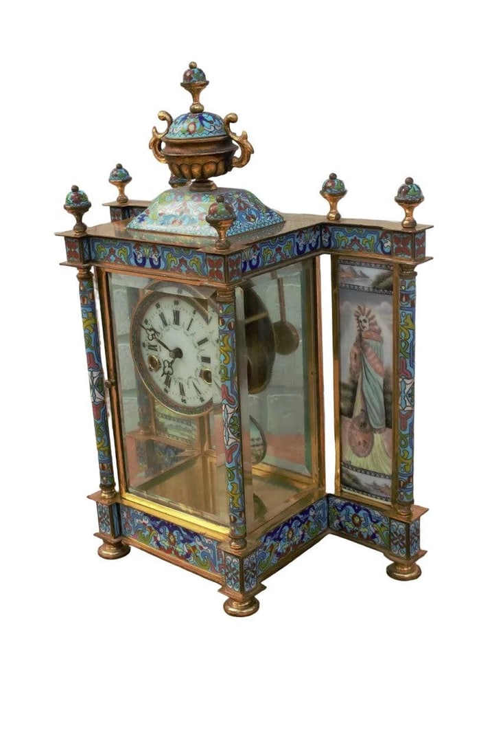 Vintage Chinese Cloisonné Enamel Wind Up 7 Day Chiming Clock - 4