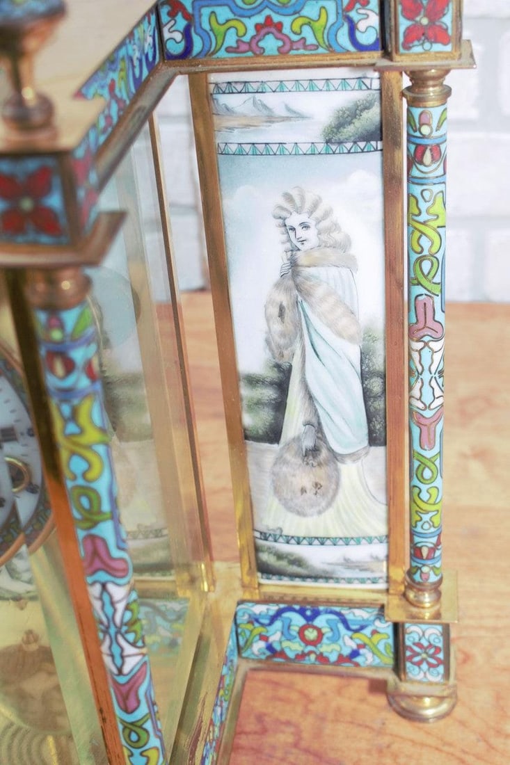 Vintage Chinese Cloisonné Enamel Wind Up 7 Day Chiming Clock - 7