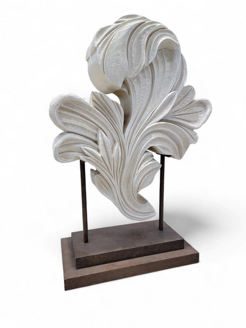 Vintage Sculpted Resin Scrolled Acanthus Leaf Sculpture: Vintage Sculpted Resin Scrolled Acanthus Leaf Sculpture on a Metal StandBring the allure of cathedral and ancient places of worship into your space with this stone resin sculpted acanthus leaf.