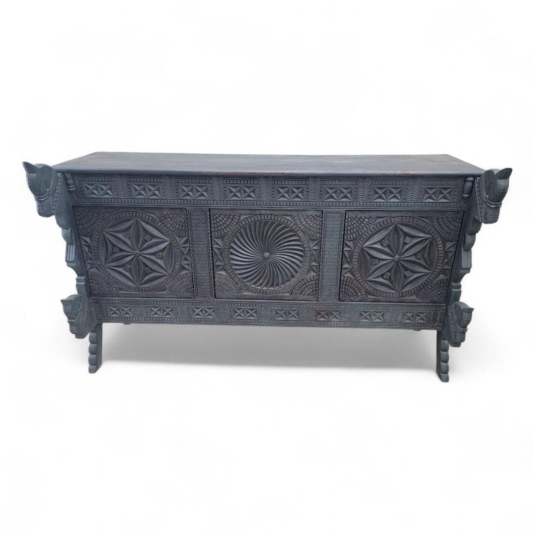 Vintage Chinese Carved Sideboard with Horse Motifs: Vintage Chinese Carved Ornate Elmwood Sideboard with Horse MotifsThis vintage Chinese ornate carved elmwood sideboard with horse carvings is a stunning piece that will add a touch of elegance to any s