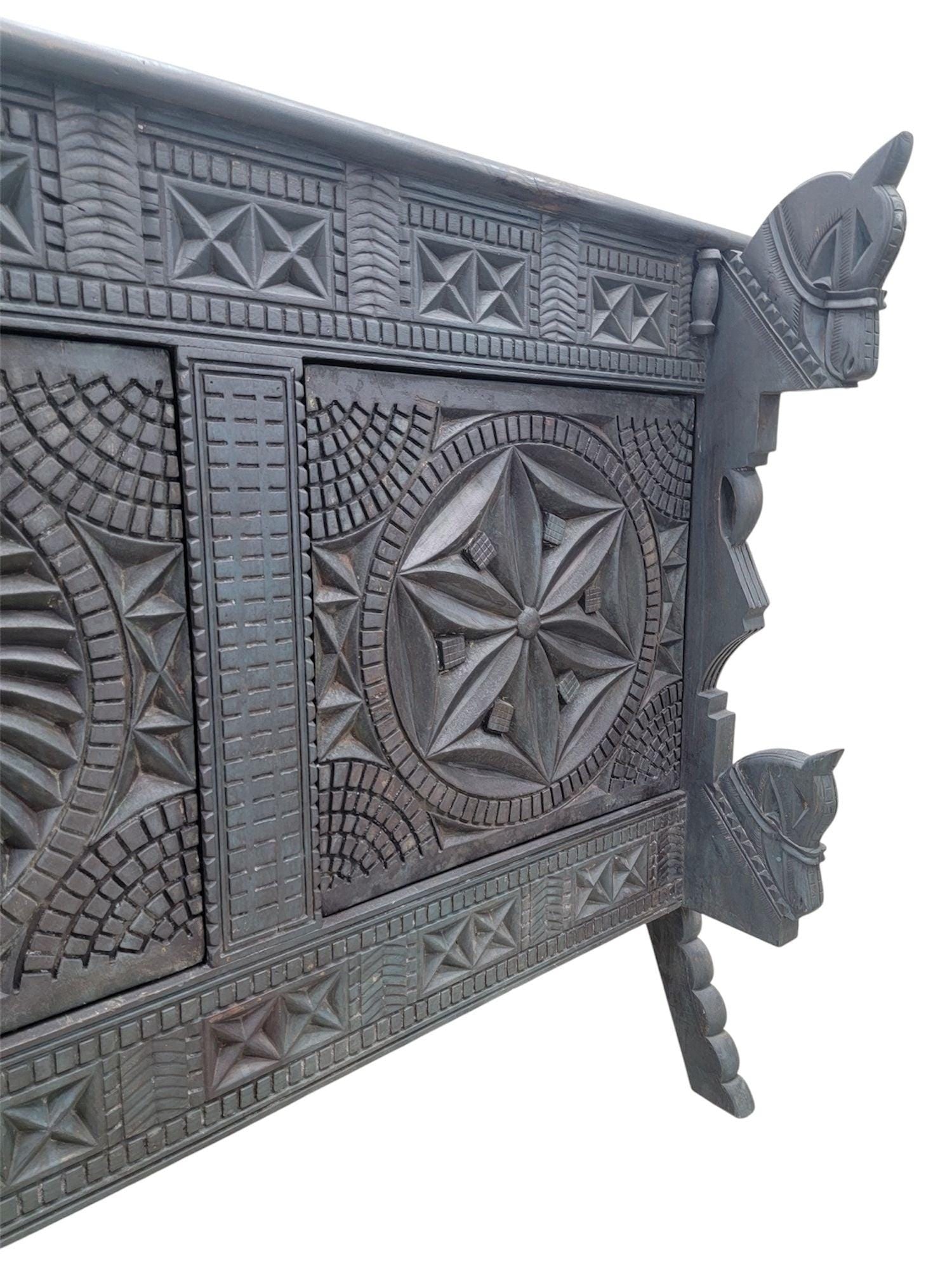 Vintage Chinese Carved Sideboard with Horse Motifs - 2
