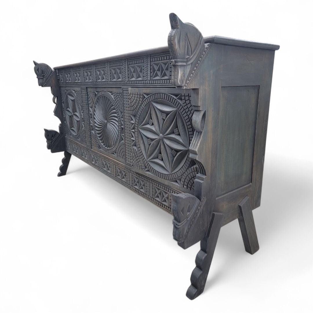 Vintage Chinese Carved Sideboard with Horse Motifs - 6
