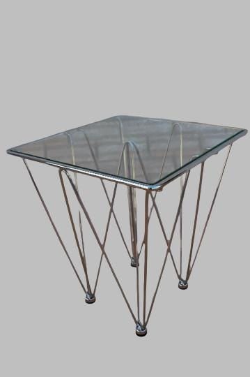 MCM Geometric Inverted Pyramidal Side Table: Mid Century Modern Geometric Inverted Pyramidal Chrome Base Glass Top Side Table In the Style of Paolo PivaCirca Mid 20th Century Dimensions:H 21.5"W 15”D 15” CONDITION: Please be aware th