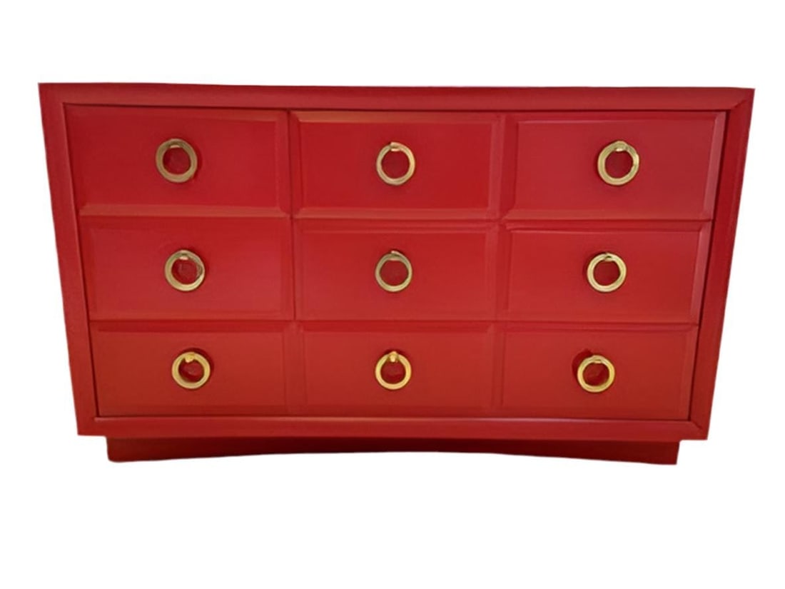 MCM Red Chest by John Widdicomb: .Mid Century Modern T.H. Robsjohn-Gibbings for Widdicomb Credenza Dresser in Red PaintThis stunning example of a Mid Century Modern design will make be a magnificent center piece in any room. This