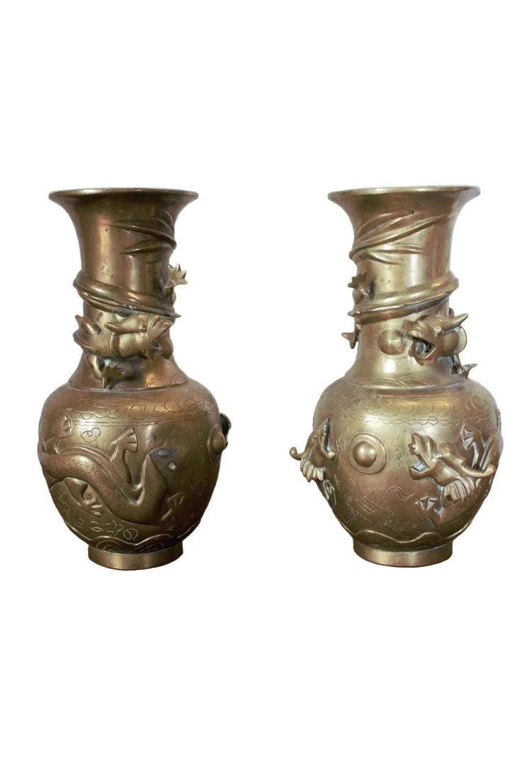Antique Chinese Bronze Royal Dragons Sculpted Vase - Pair - 2