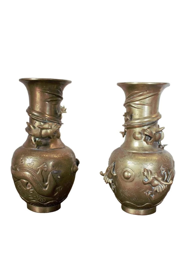 Antique Chinese Bronze Royal Dragons Sculpted Vase - Pair - 3
