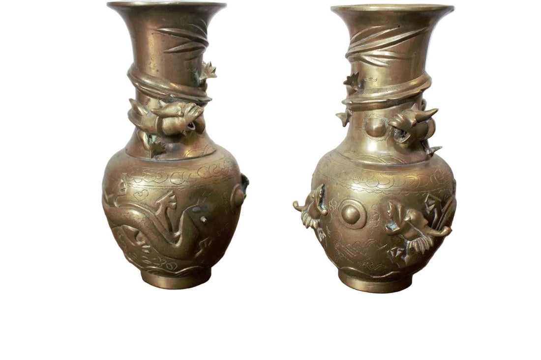 Antique Chinese Bronze Royal Dragons Sculpted Vase - Pair - 6