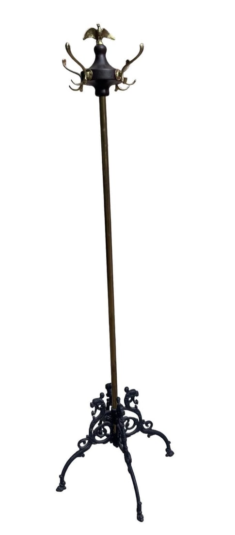 Antique Victorian Federal Style Brass, Wood and Wrought Iron Coat Rack with Eagle Finial (1 of 7)